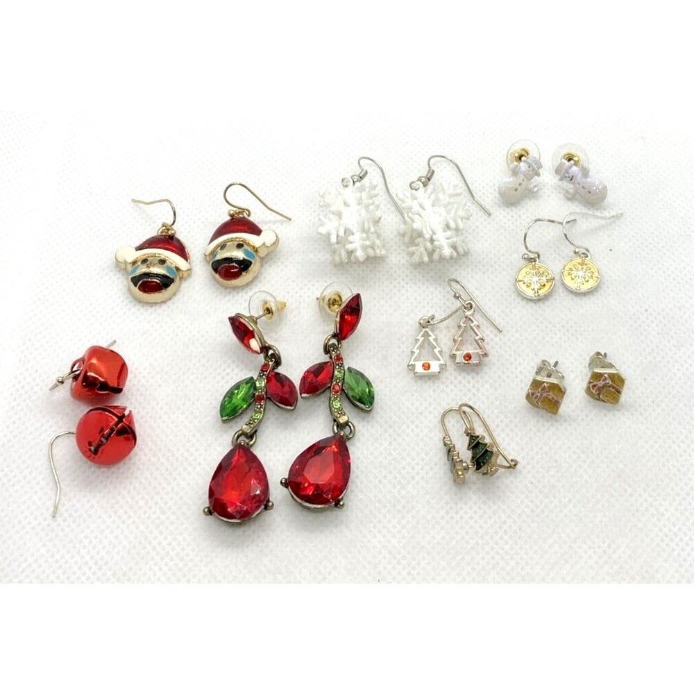 Vintage - Now Lot 9 Pairs‎ Pierced Christmas Earrings Bell Santa Snowflake Tree